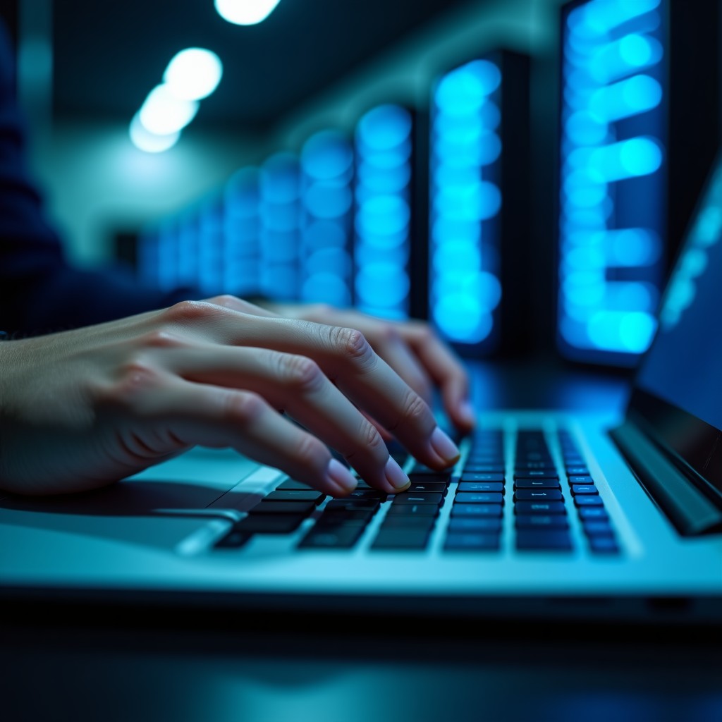 Close up shot of hands typing on a laptop keyboard in a secure server room environment, soft blue lighting, high tech aesthetic, realistic 4:3