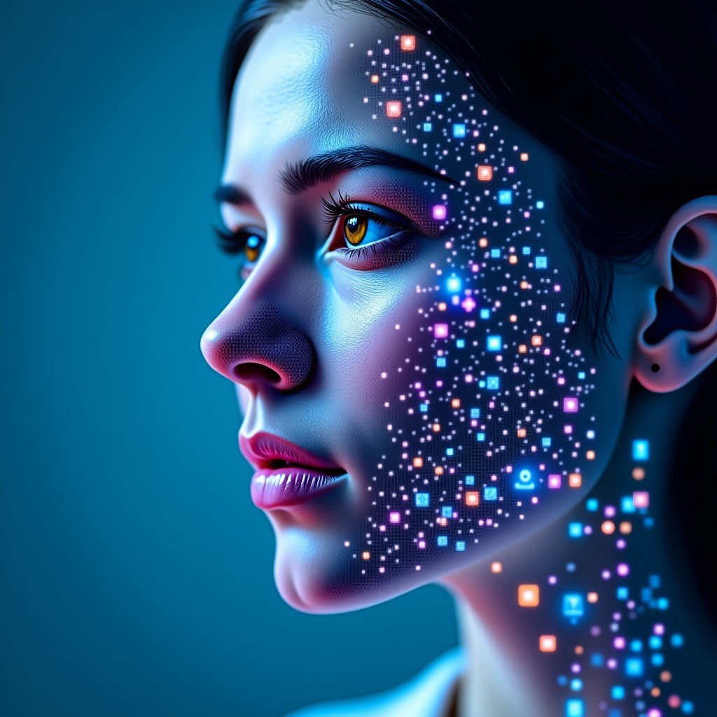 Close up of various digital icons and data fragments merging into a single coherent human profile, abstract digital art, soft blue and purple lighting, 4:3