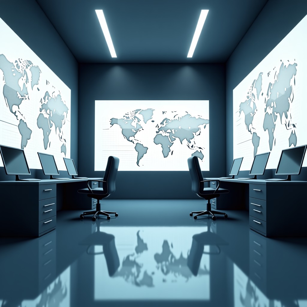 A professional workspace with blueprints and digital screens, clean and organized, minimalist aesthetic, 16:9