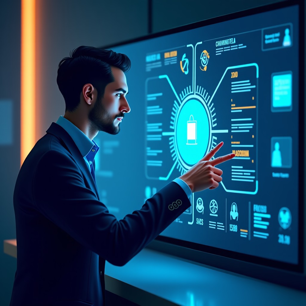 Futuristic technology interface focusing on human-AI interaction, cool blue and orange color palette, clean vector style, 16:9