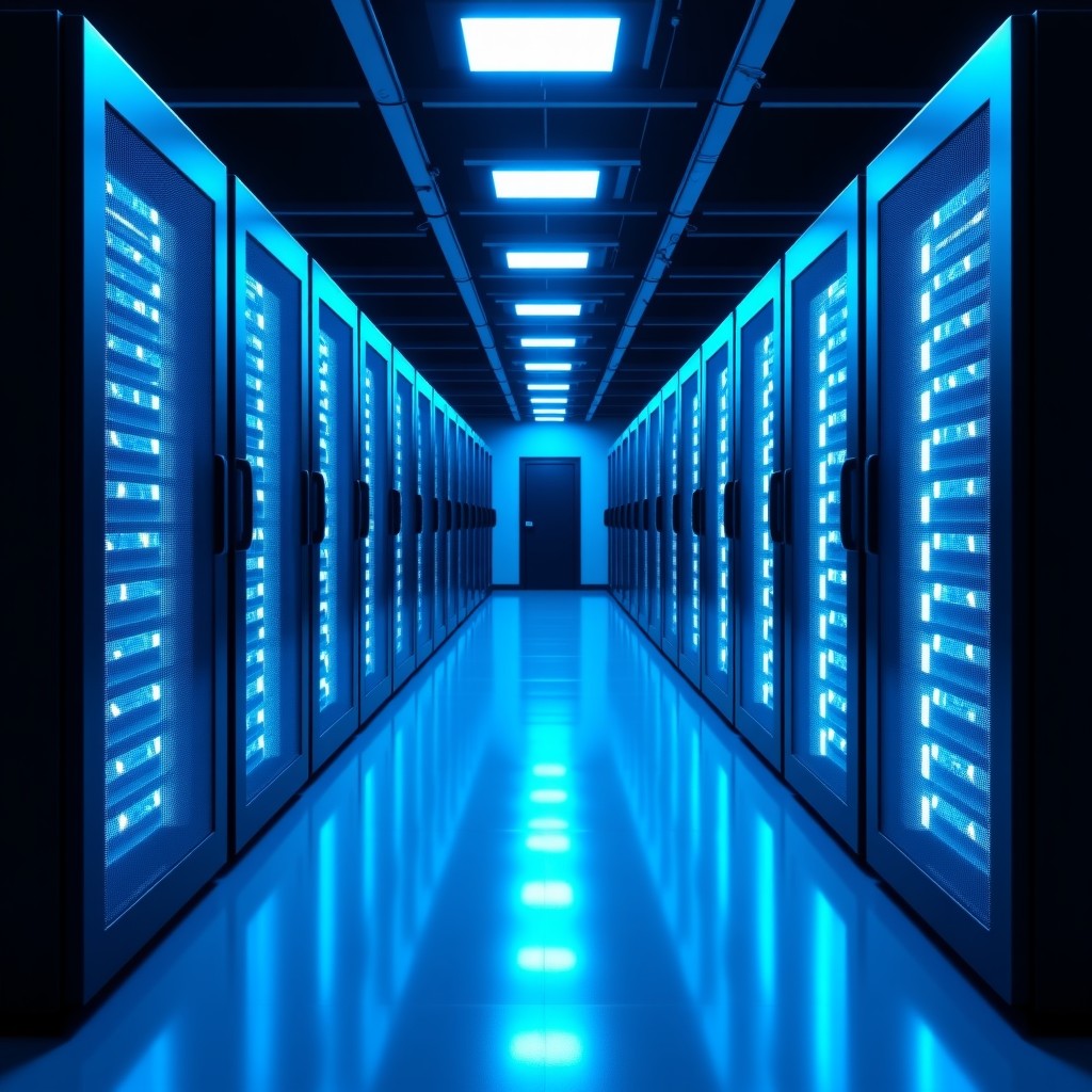 Modern data center interior with rows of glowing server racks in soft blue lighting, hyper-realistic, high detail, professional photography, 16:9 aspect ratio.
