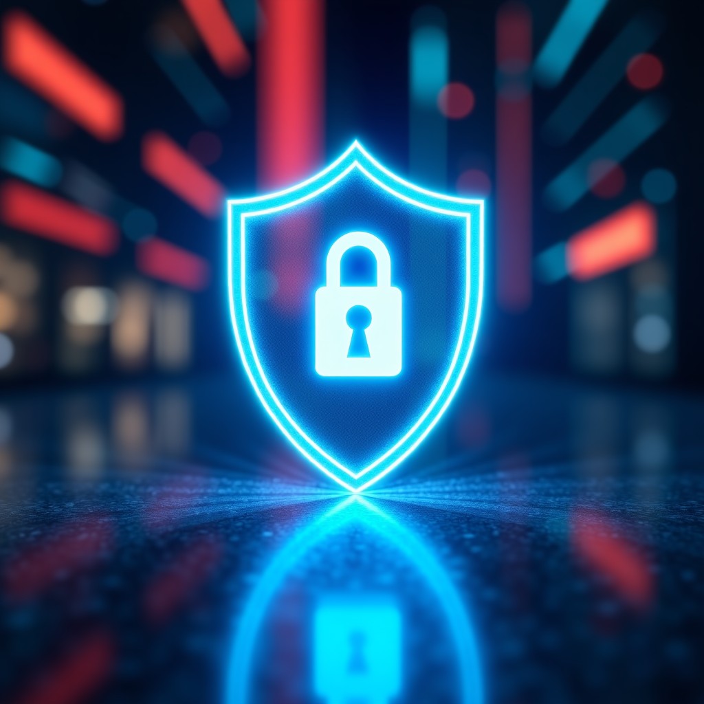 A cinematic shot of a digital shield protecting a glowing geometric structure in a virtual space, representing high security and protection, abstract, vibrant lighting, 16:9 aspect ratio.