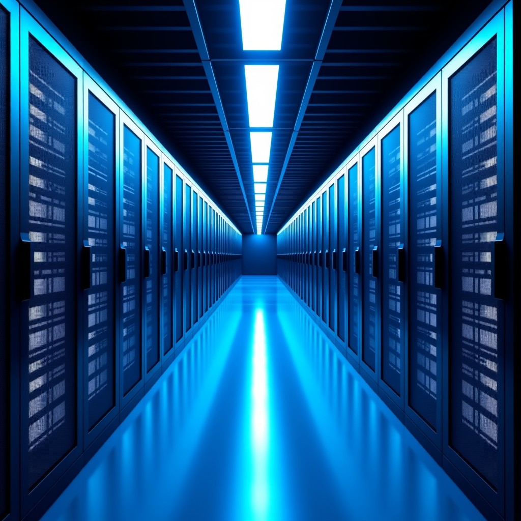 A massive modern datacentre interior with rows of glowing server racks in blue and white ambient lighting, high tech atmosphere, 4k, cinematic, 16:9 ratio