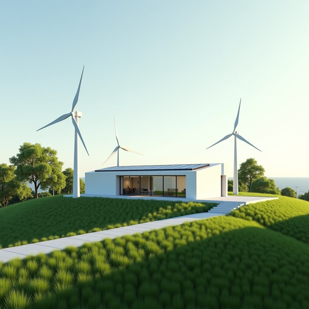 A conceptual image showing modern architecture integrated with renewable energy sources like wind turbines and solar panels in a green landscape, soft natural lighting, high resolution, 16:9 ratio