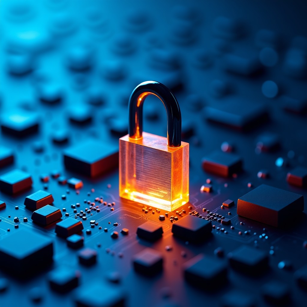 An abstract visual metaphor of a broken digital lock hanging on a circuit board, vibrant blue and orange hues, professional photography, 4:3