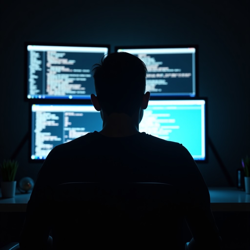 A dark silhouette of a person sitting in front of a computer screen with multiple glowing windows, dramatic lighting, intense atmosphere, 4:3