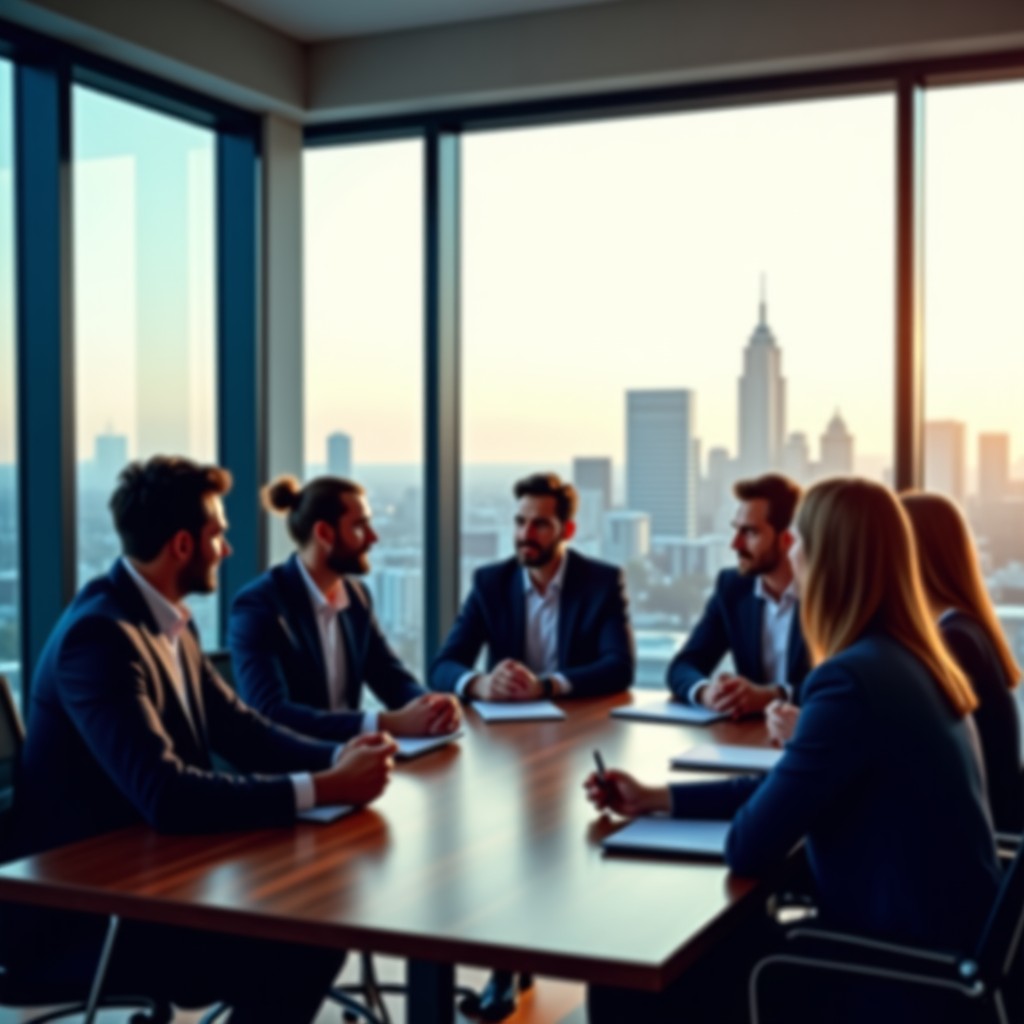 A group of professionals discussing project roadmaps in a glass-walled conference room overlooking a city, bright natural light, sharp focus, 4:3