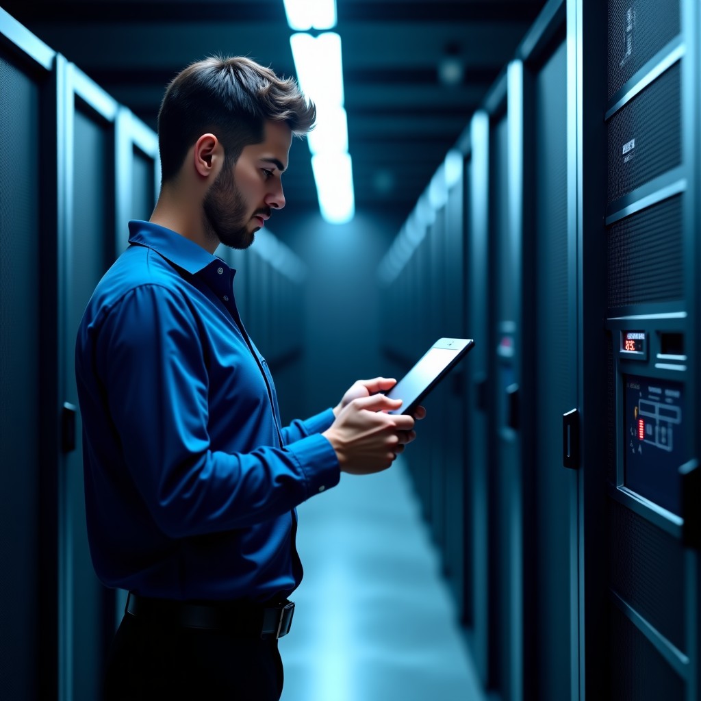 A professional technical inspector holding a tablet in front of a rows of working server racks, modern industrial lighting, 4:3 aspect ratio