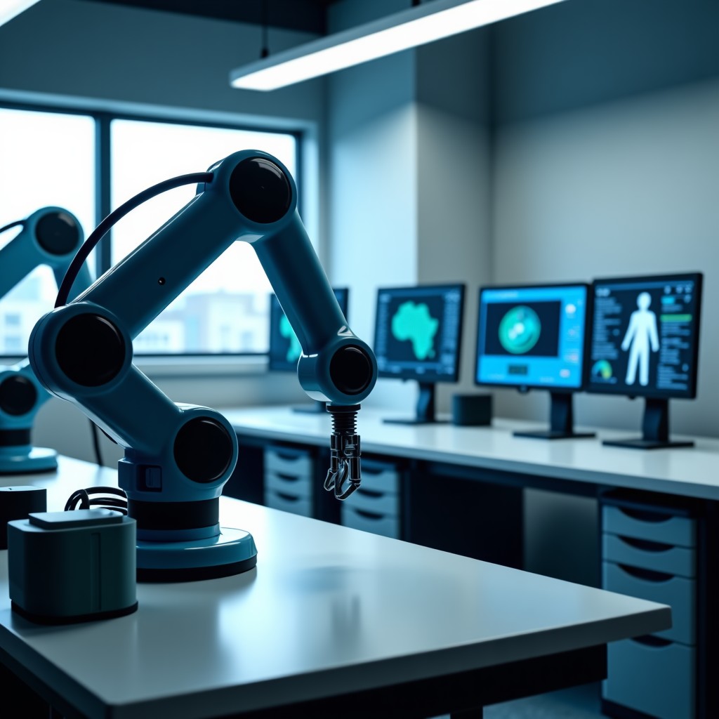 A professional workspace showing robotic arms and AI-driven diagnostic software monitors in a medical lab, natural lighting, high resolution, realistic style, 16:9 aspect ratio.