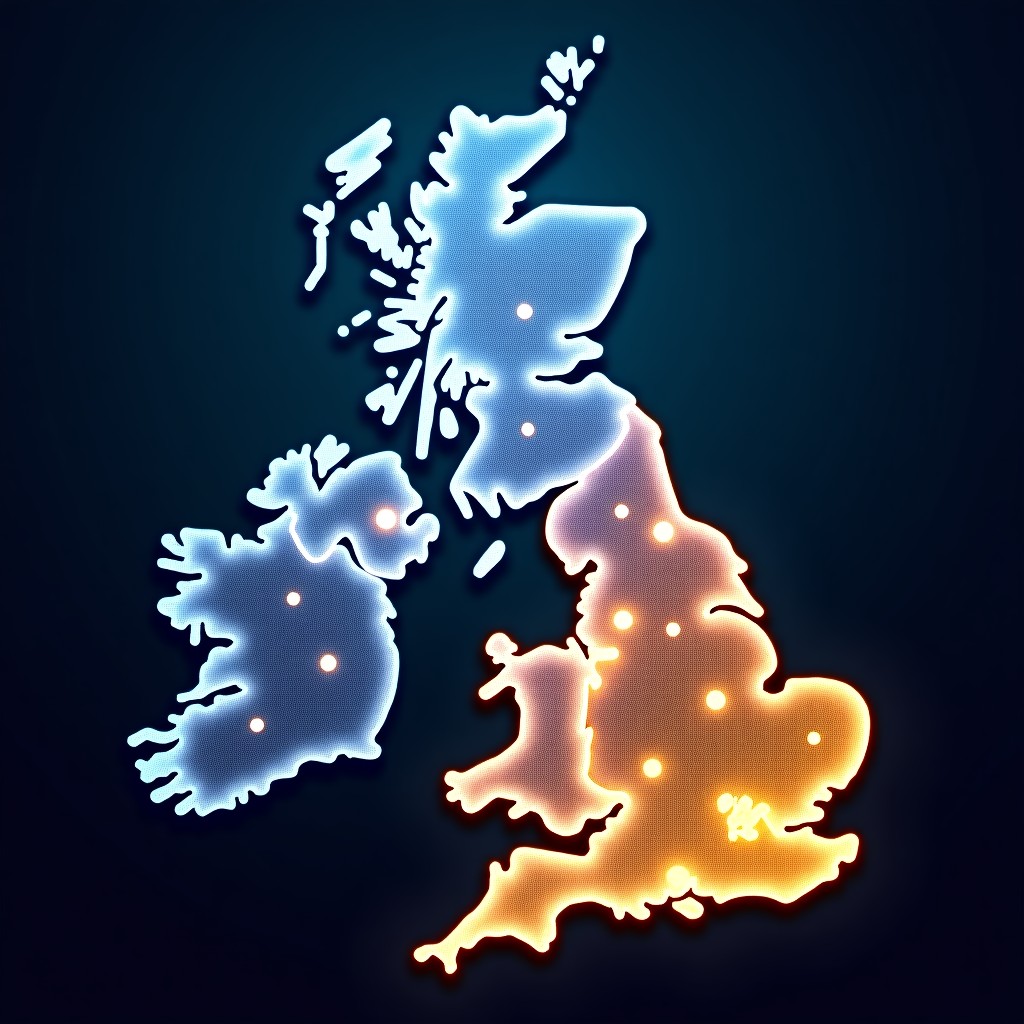 Abstract representation of interconnected data nodes forming a map of the UK, glowing blue and gold colors, professional infographic style, high quality, 16:9 aspect ratio.