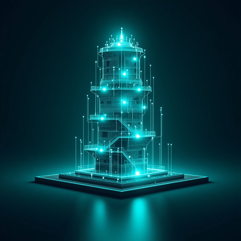architectural digital structure, glowing nodes and connections, futuristic engineering, dark background with cyan highlights, 4:3
