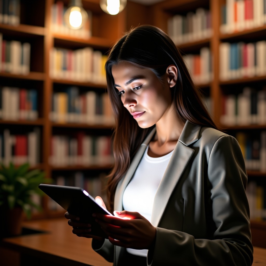 A thoughtful person looking at a tablet device in a well-lit library, professional photography, clean composition, neutral color palette, 4:3