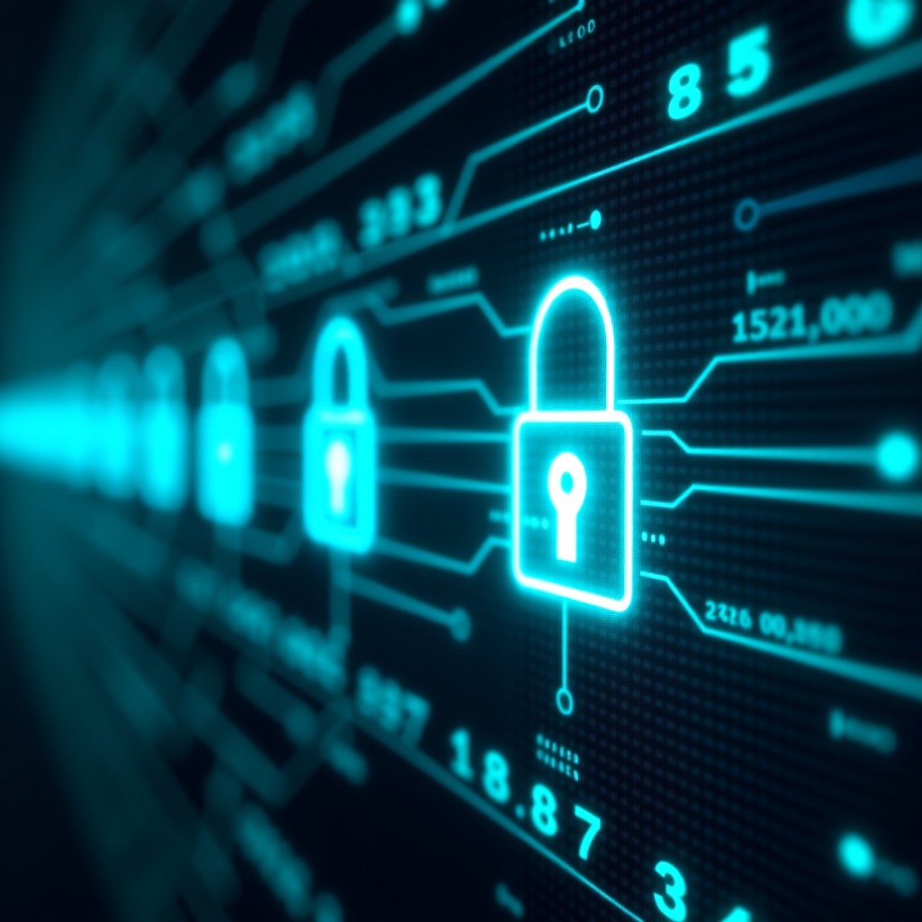 Abstract representation of digital security locks and data streams, modern cyber security concept, deep blue and teal tones, sharp focus, 16:9 aspect ratio