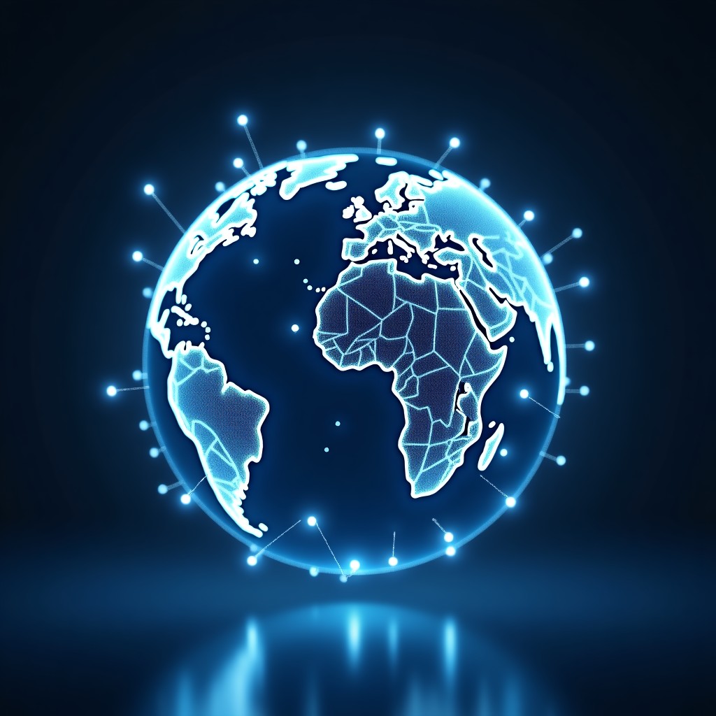 A glowing globe connected by lines of light, digital connection nodes, representing global data distribution, clean background, 4:3