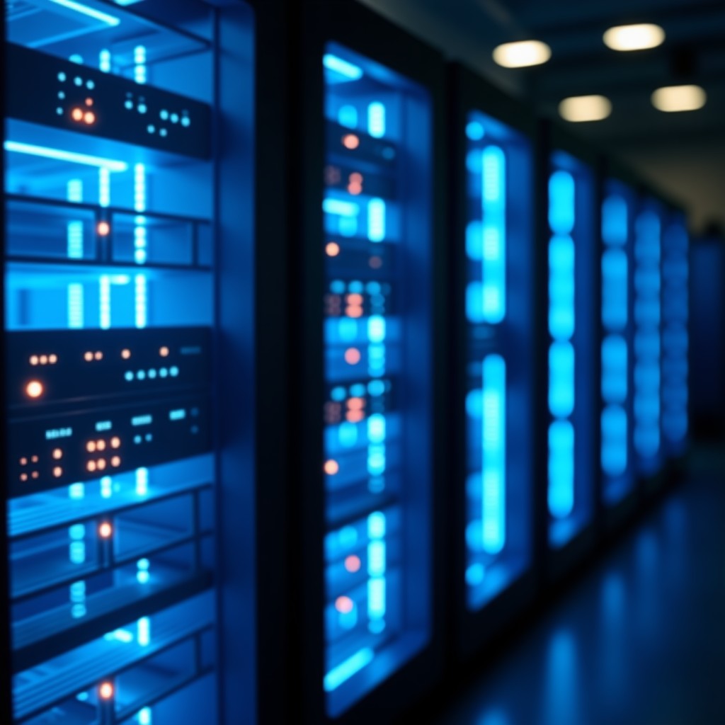 Close-up of a sleek futuristic computer server rack glowing with blue light in a dark high-tech room, symbolizing AI infrastructure investment, 1:1