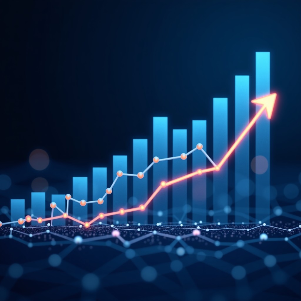Digital representation of financial growth charts and abstract data lines on a dark blue background, professional infographics style, 16:9