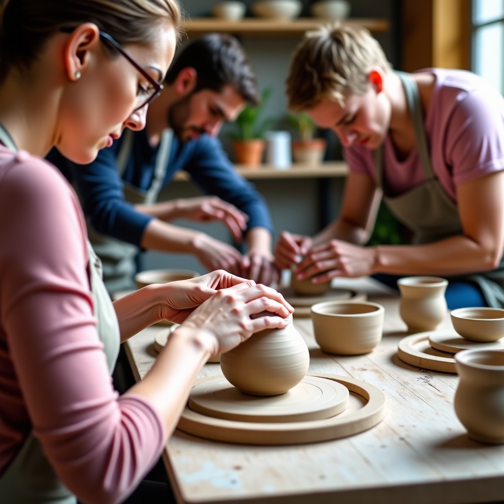 A group of people taking a pottery class together, focused on their work, creative and cozy environment, high quality photography, 4:3