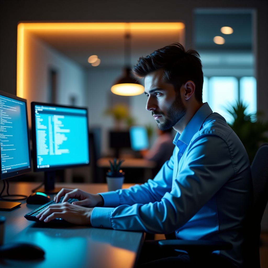 A professional person working in a modern office environment with digital interfaces, showing focus and determination, warm ambient lighting. 4:3 ratio.