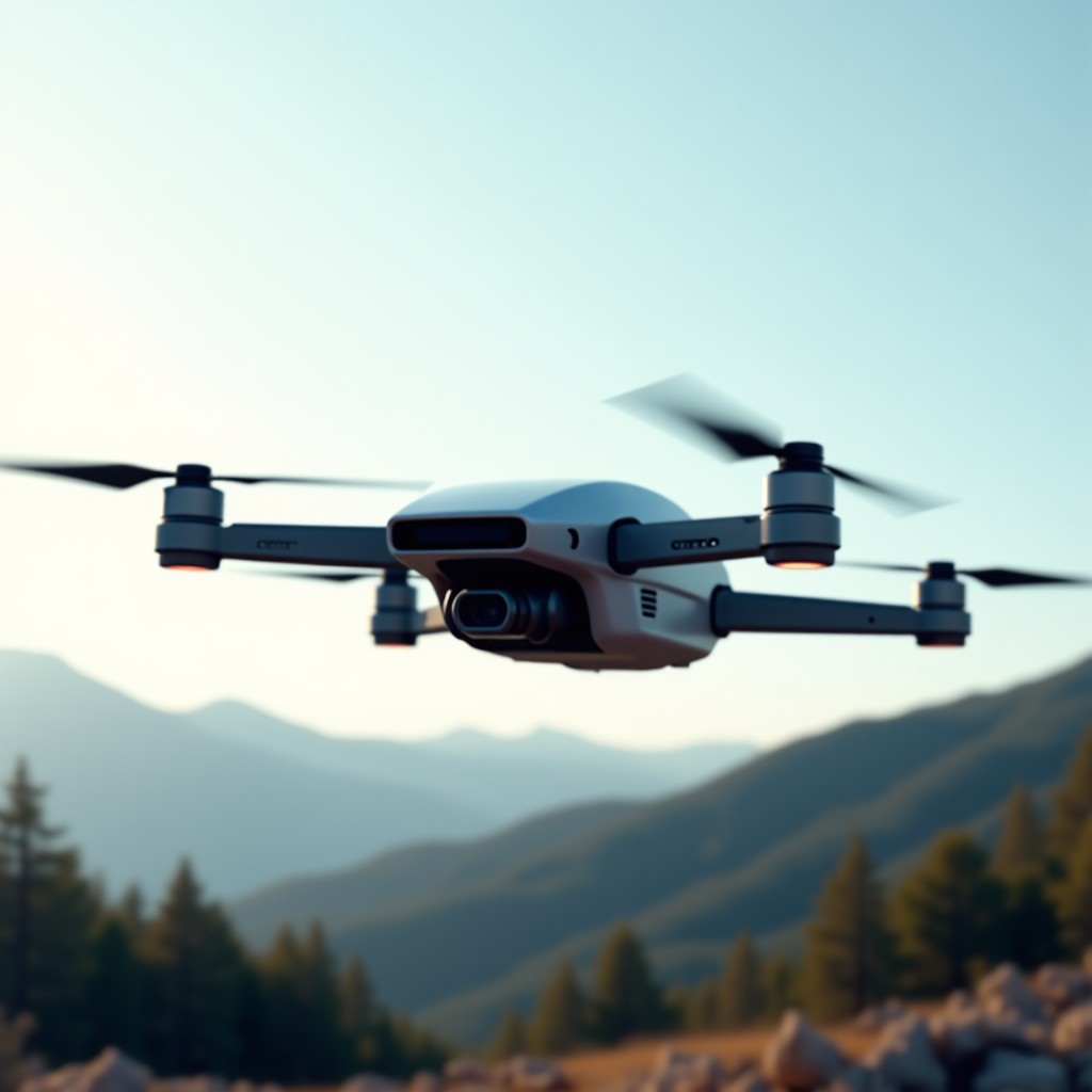 Futuristic autonomous drone flying over a landscape, sleek industrial design, clean professional aesthetic, high resolution, 4:3 ratio.