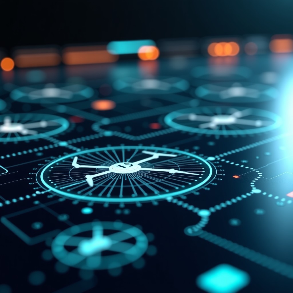 Advanced command interface showing drone fleets and satellite telemetry, sharp focus, metallic and glass textures, cinematic professional style, 4:3 ratio.