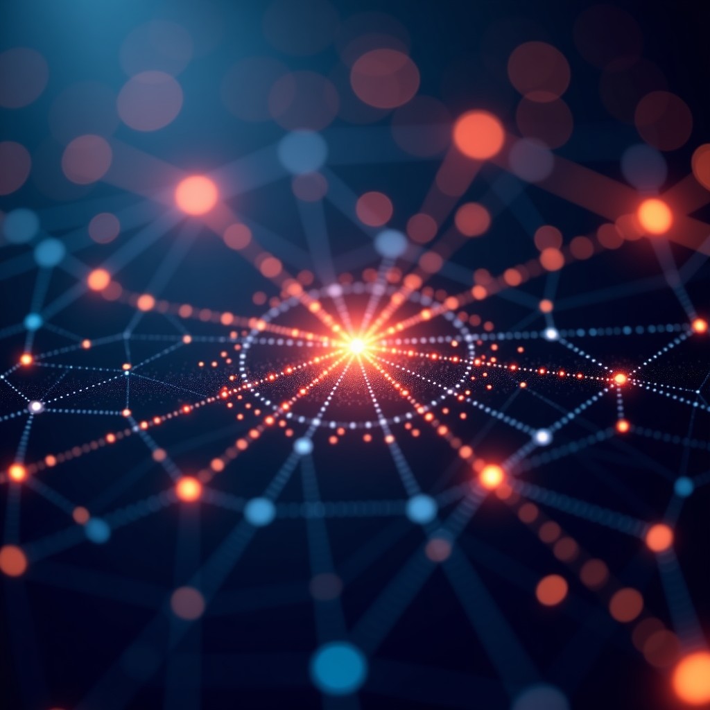 Abstract representation of network connectivity, glowing nodes and lines, digital transformation concept, dark background with vibrant accents, 4:3