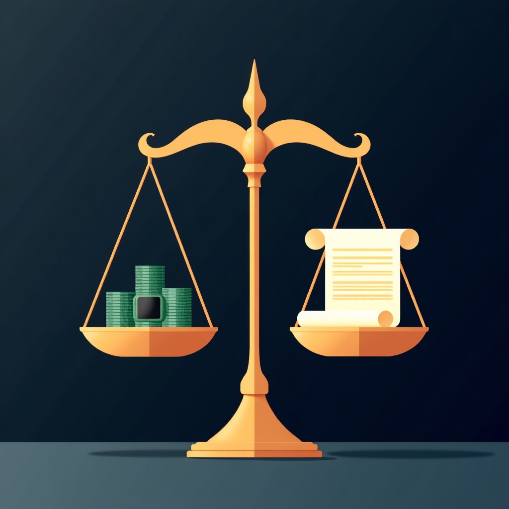 A symbolic balance scale where one side is heavy with high tech computer chips and the other is light with a legal scroll, minimalist dark background, 4:3