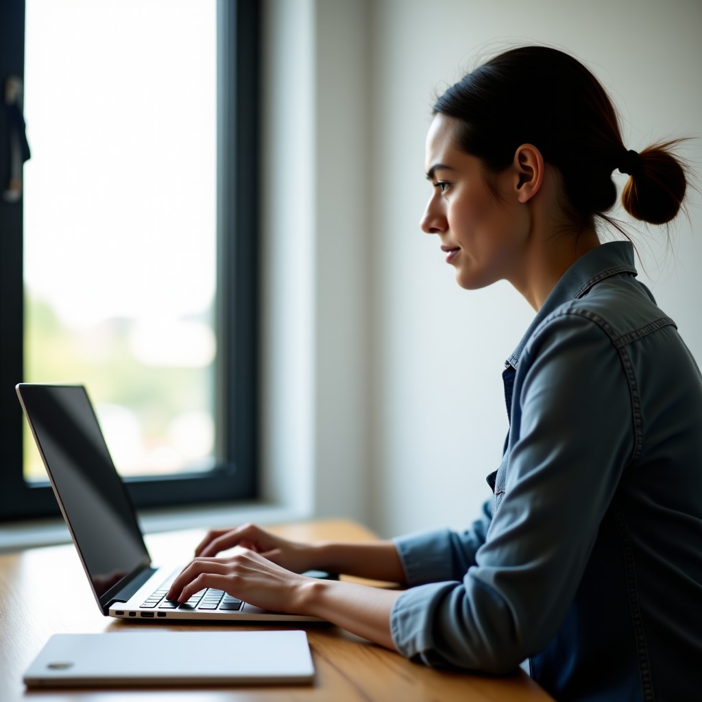 A person working focused at a clean wooden desk, using a modern laptop, side view, natural window light, blurred background of a contemporary workspace, high resolution, 1:1