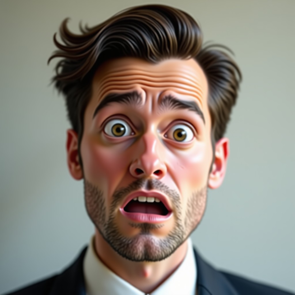 Close up shot of an actor practicing various human emotions, expressive face, neutral background, realistic, 1:1