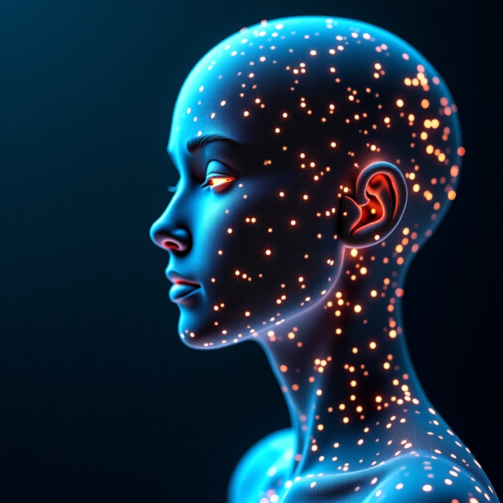 A abstract composition representing the convergence of digital artificial intelligence and human performance, glowing nodes and artistic textures, cinematic lighting, 4:3