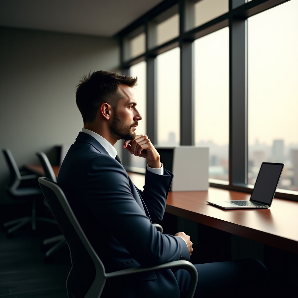 A professional sitting in an office looking out the window with a thoughtful expression, high quality, realistic, cinematic lighting, 4:3