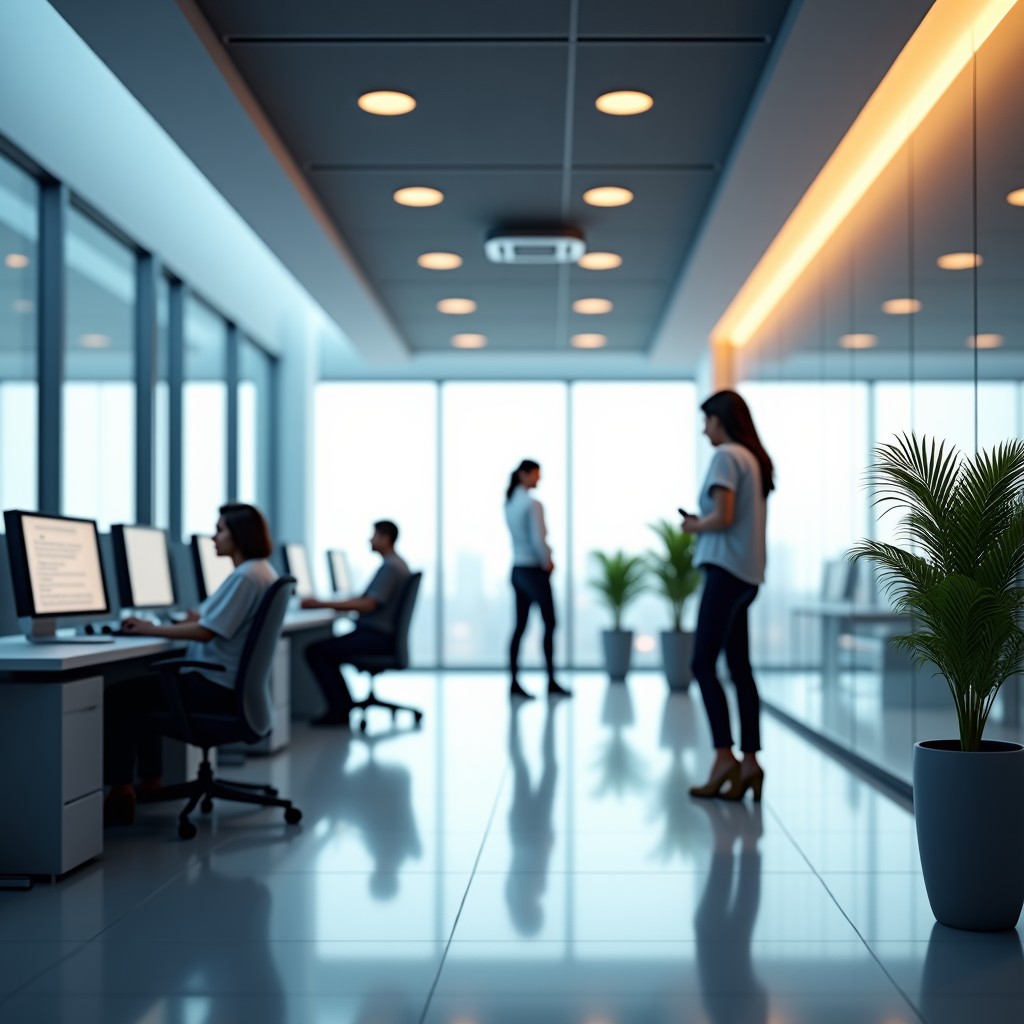 Futuristic office environment with seamless automation, clean and minimalist design, no people, soft warm lighting, high quality photography, 1:3