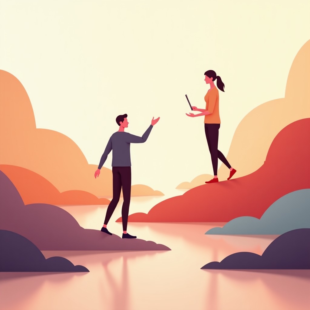 Conceptual art of digital and human elements merging, harmonious and clean composition, abstract background with soft colors, 4:3