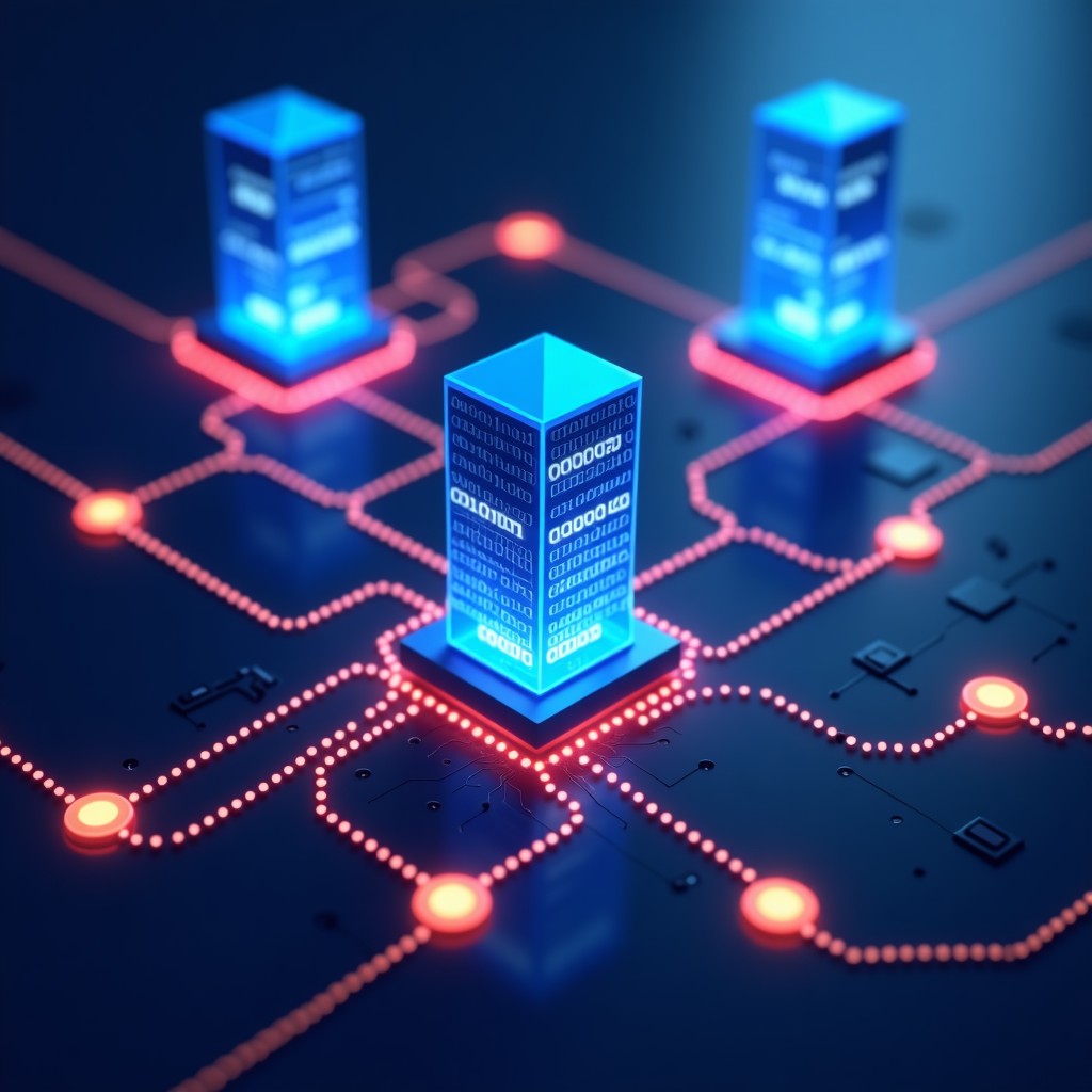An abstract visual representation of server nodes connected by light lines, representing cloud architecture, modern digital art style, balanced colors, 4:3
