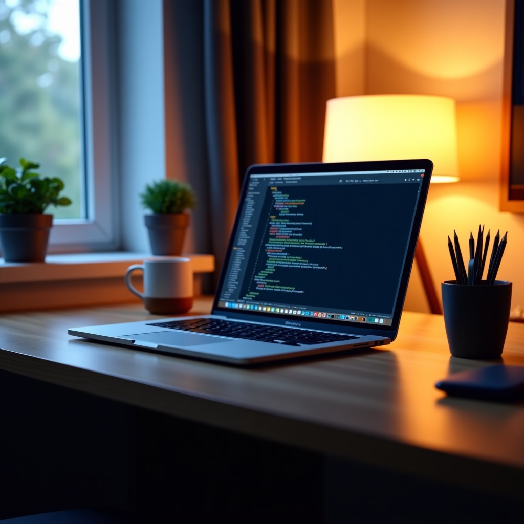 A clean and modern office desk setup with a laptop showing code, cozy ambient lighting, high-quality photography, 4:3