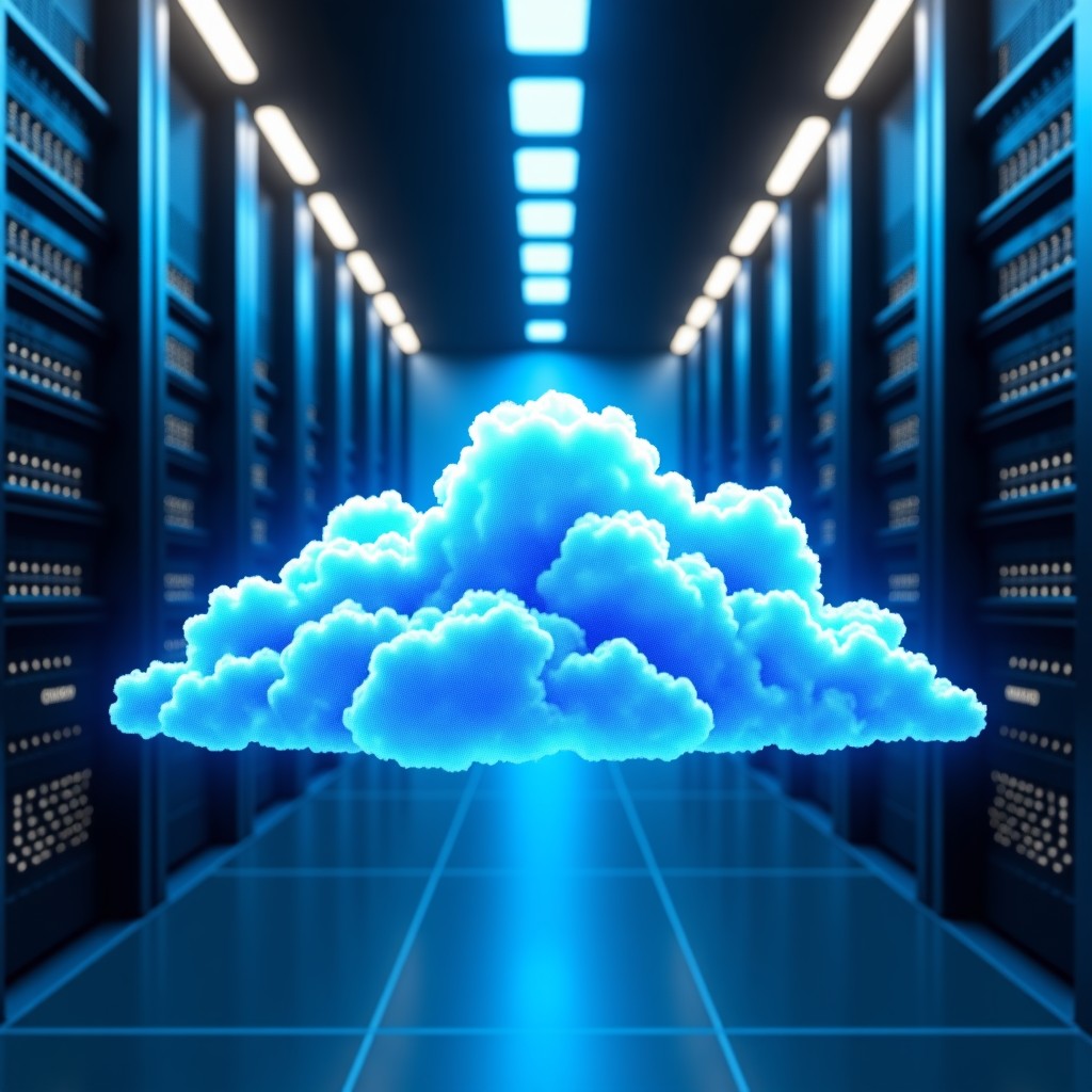 A futuristic server room with holographic security shields appearing over cloud-based data clusters, realistic style, 4:3.