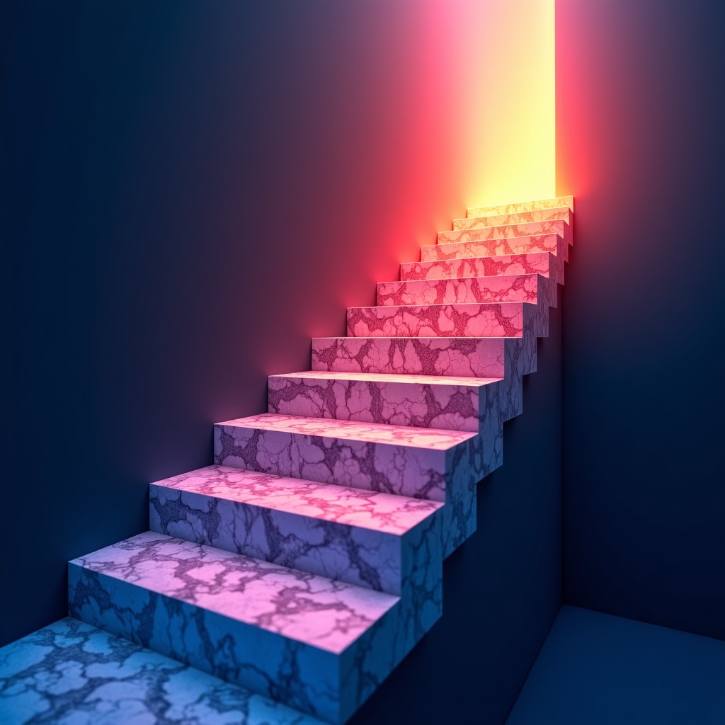 An abstract representation of climbing a staircase made of digital data, reaching towards a bright glowing future, cinematic lighting, 4:3.