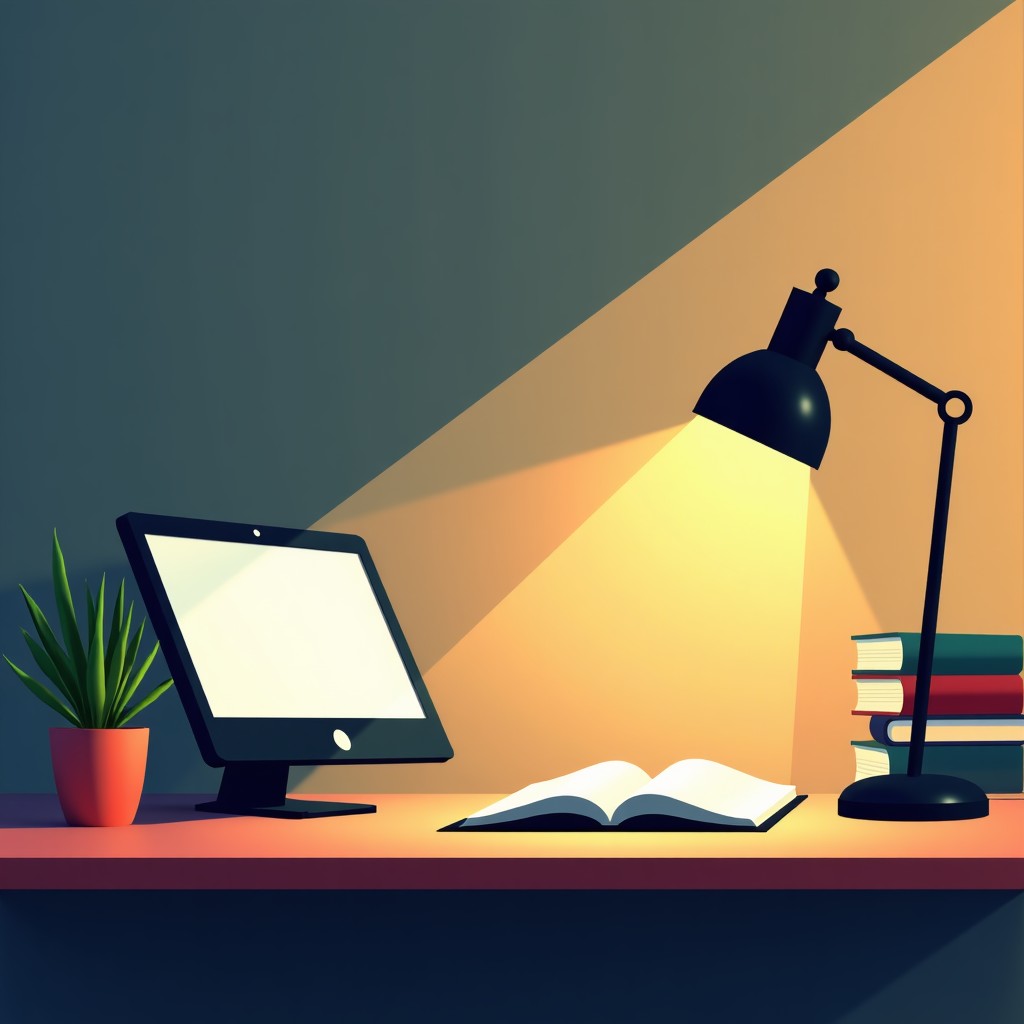 Abstract representation of intellectual struggle and learning process, desk with books and digital devices, warm lighting, scholarly atmosphere, 4:3