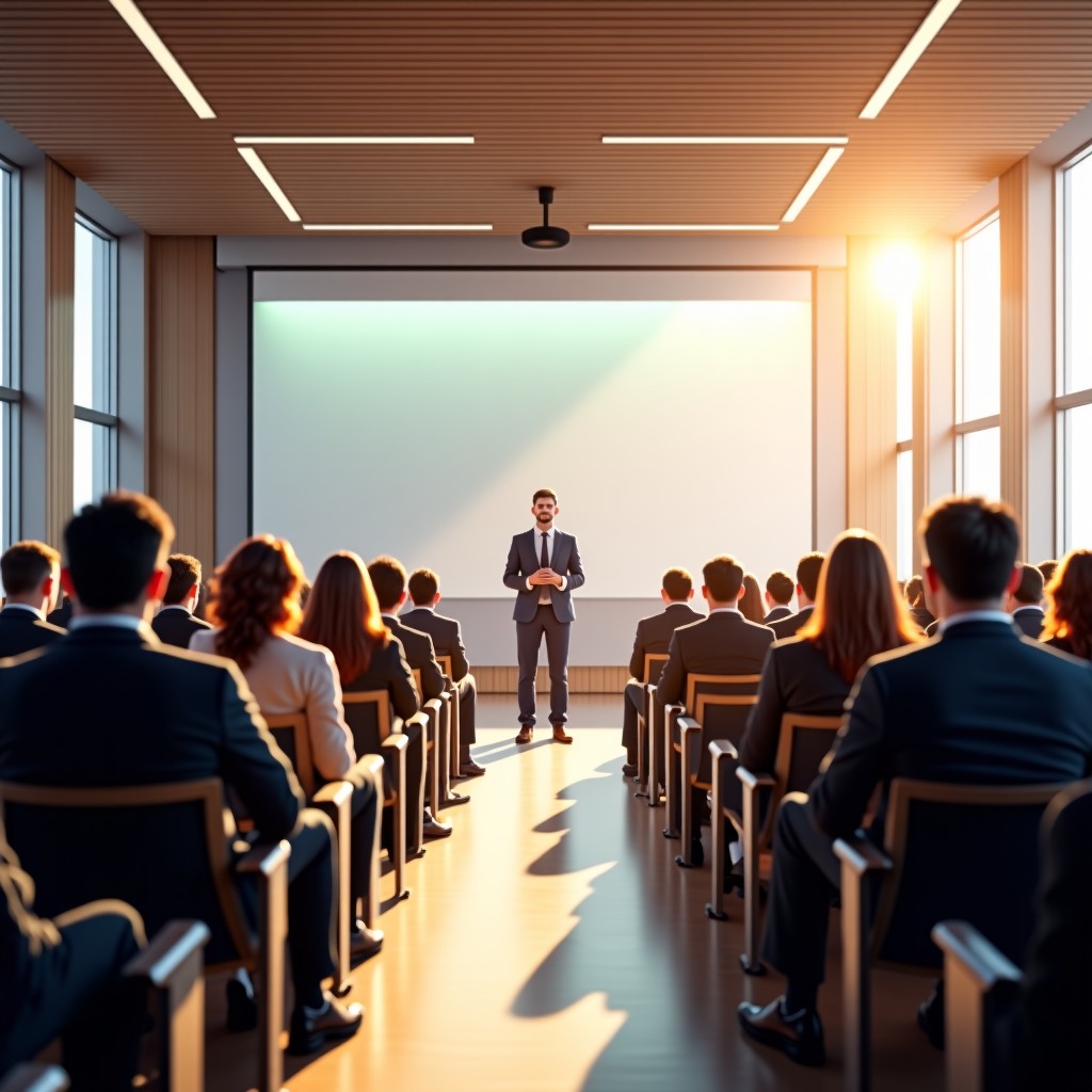 Modern university lecture hall with collaborative atmosphere, bright and natural lighting, focus on intellectual engagement, professional composition, 4:3