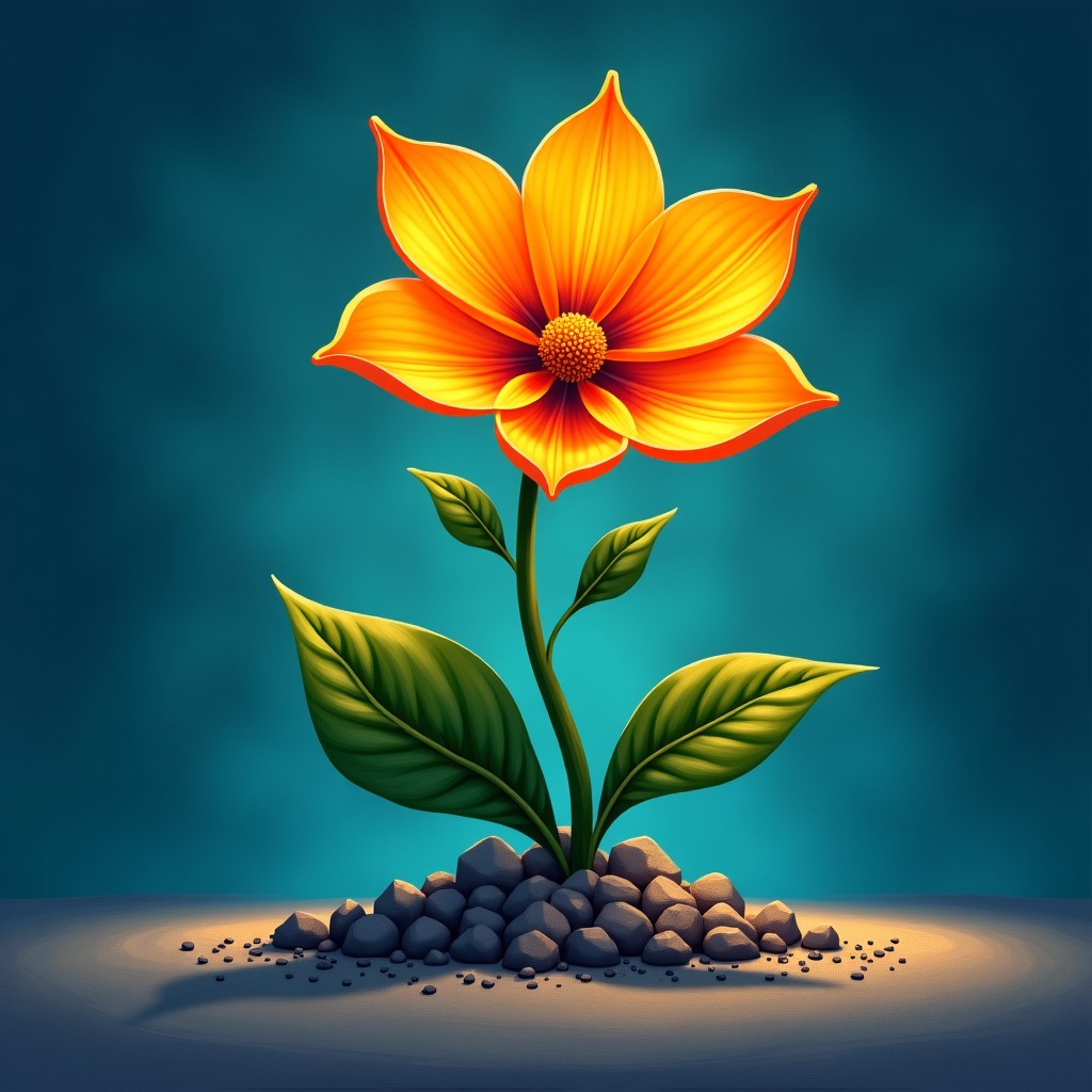 Symbolic illustration of a flower blooming from concrete, vibrant colors, artistic rendering, textured background, dramatic lighting, 1:1