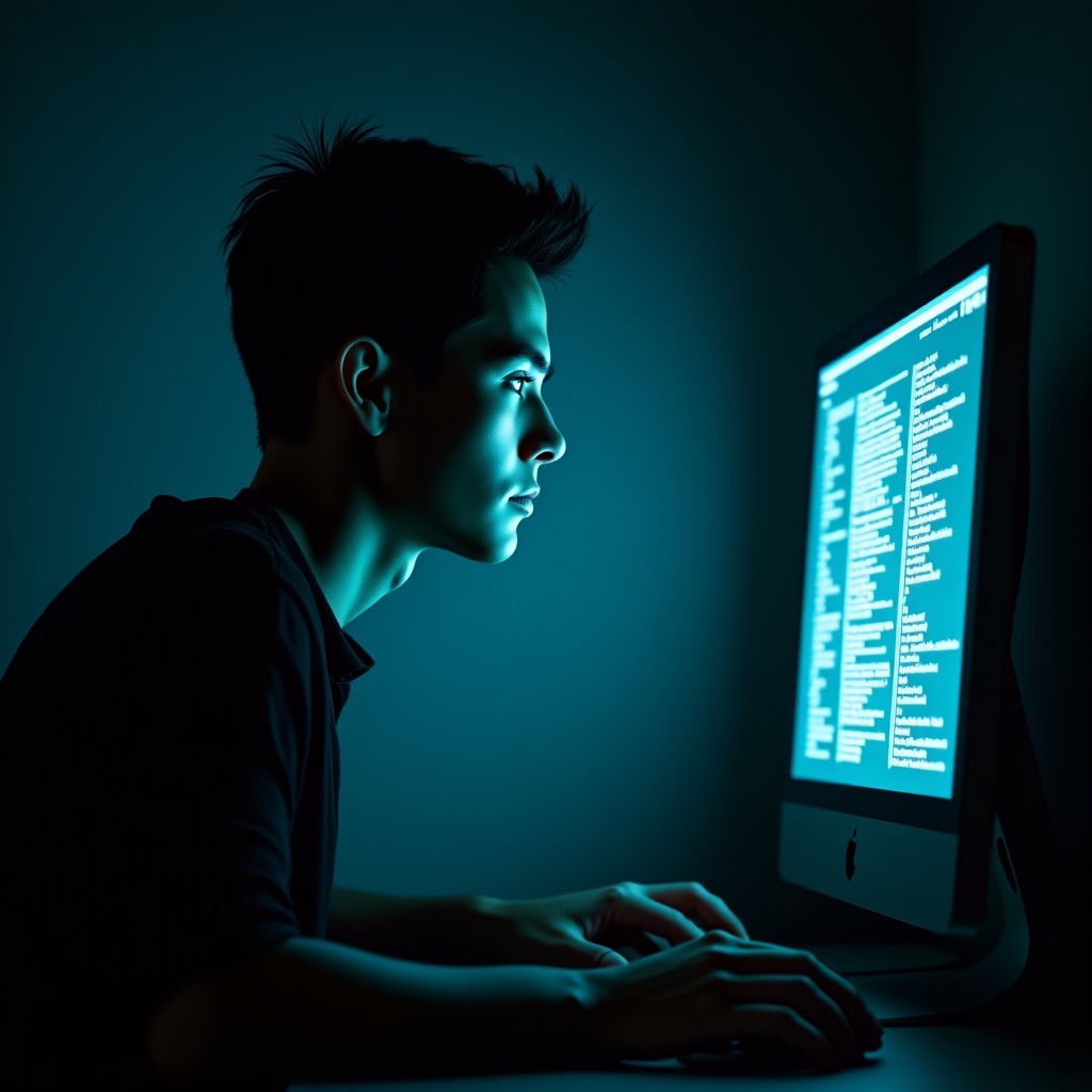 A dark, cinematic shot of a person looking at a glowing computer screen in a dim room, reflection of binary code in eyes, hyper-realistic, 4:3