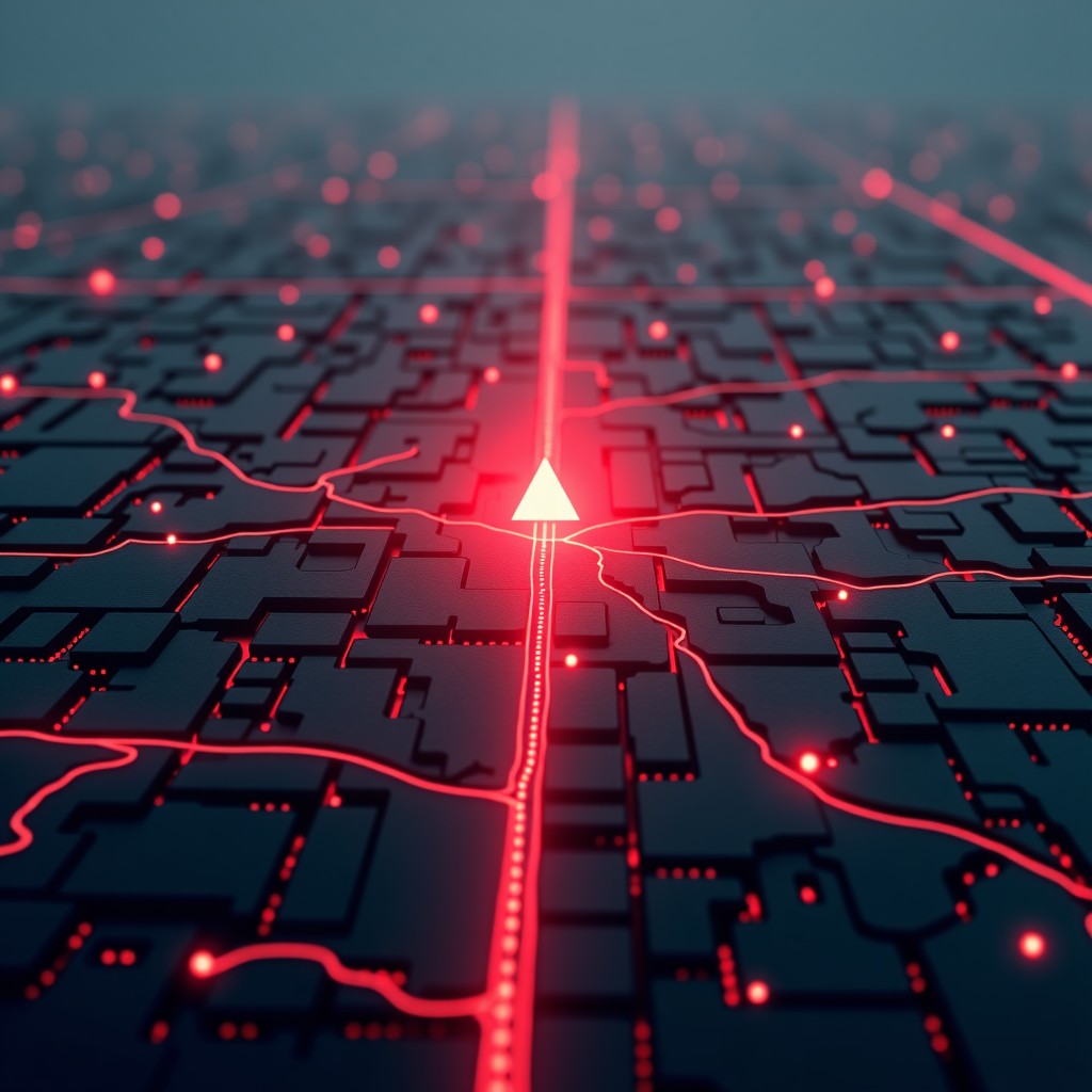 Conceptual digital art showing an AI chatbot interface emitting red warning light over a chaotic city map, high contrast, dark atmosphere, 4:3