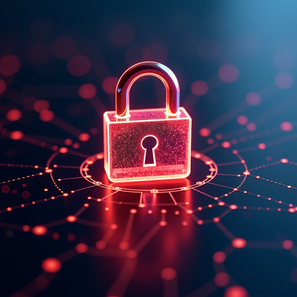 A broken digital lock on a glowing tech background, industrial aesthetic, sharp focus, 1:1