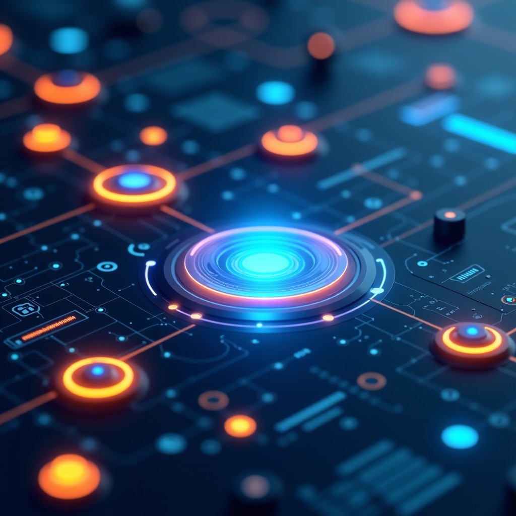 A futuristic control center interface with glowing nodes, balanced blue and orange light, high tech environment, 4:3