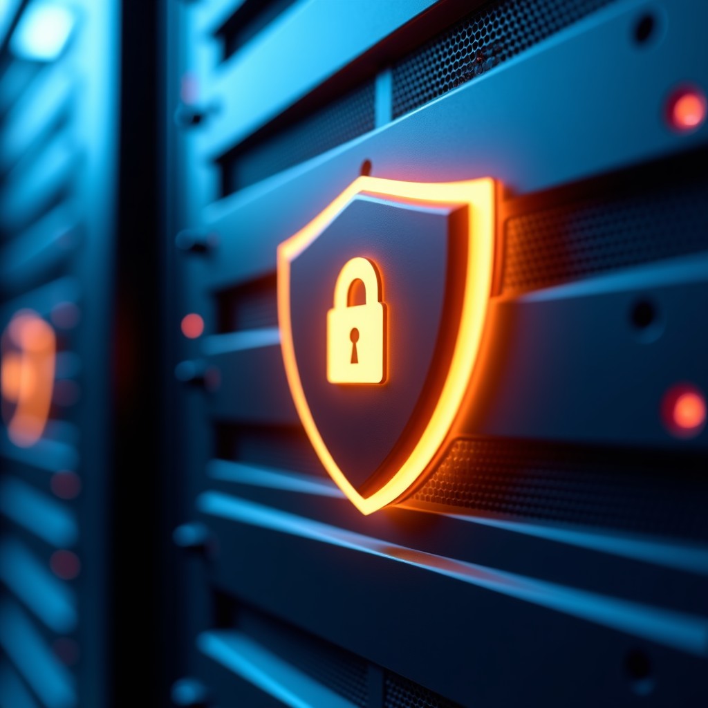 Close up of a digital shield icon integrated into a modern server room, blue and orange cyber security lighting, detailed textures, 1:1