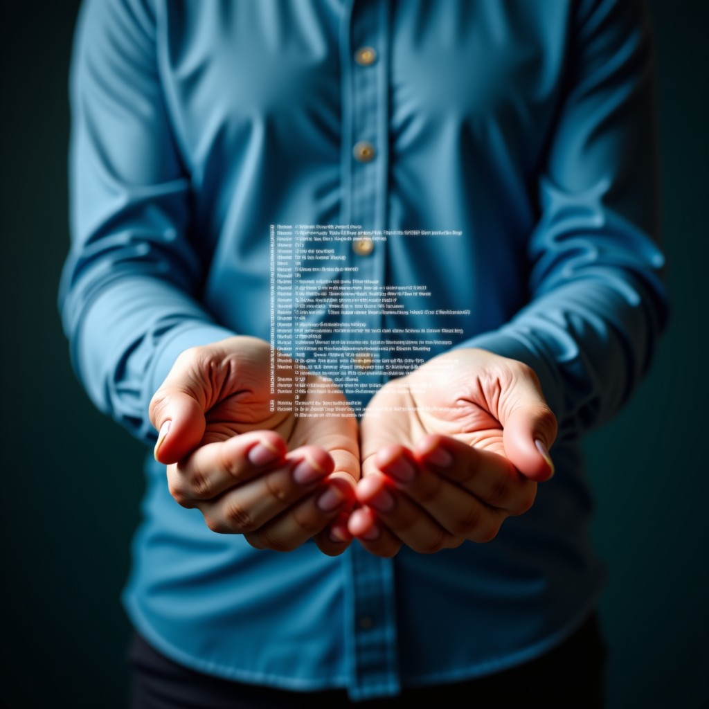 A balanced composition of digital code and natural human hands, representing harmony between technology and life, soft lighting, wide angle, 4:3