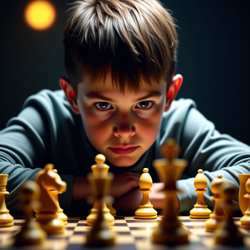 A young brilliant boy focused on playing a professional chess game, intense atmosphere, cinematic lighting, 4:3