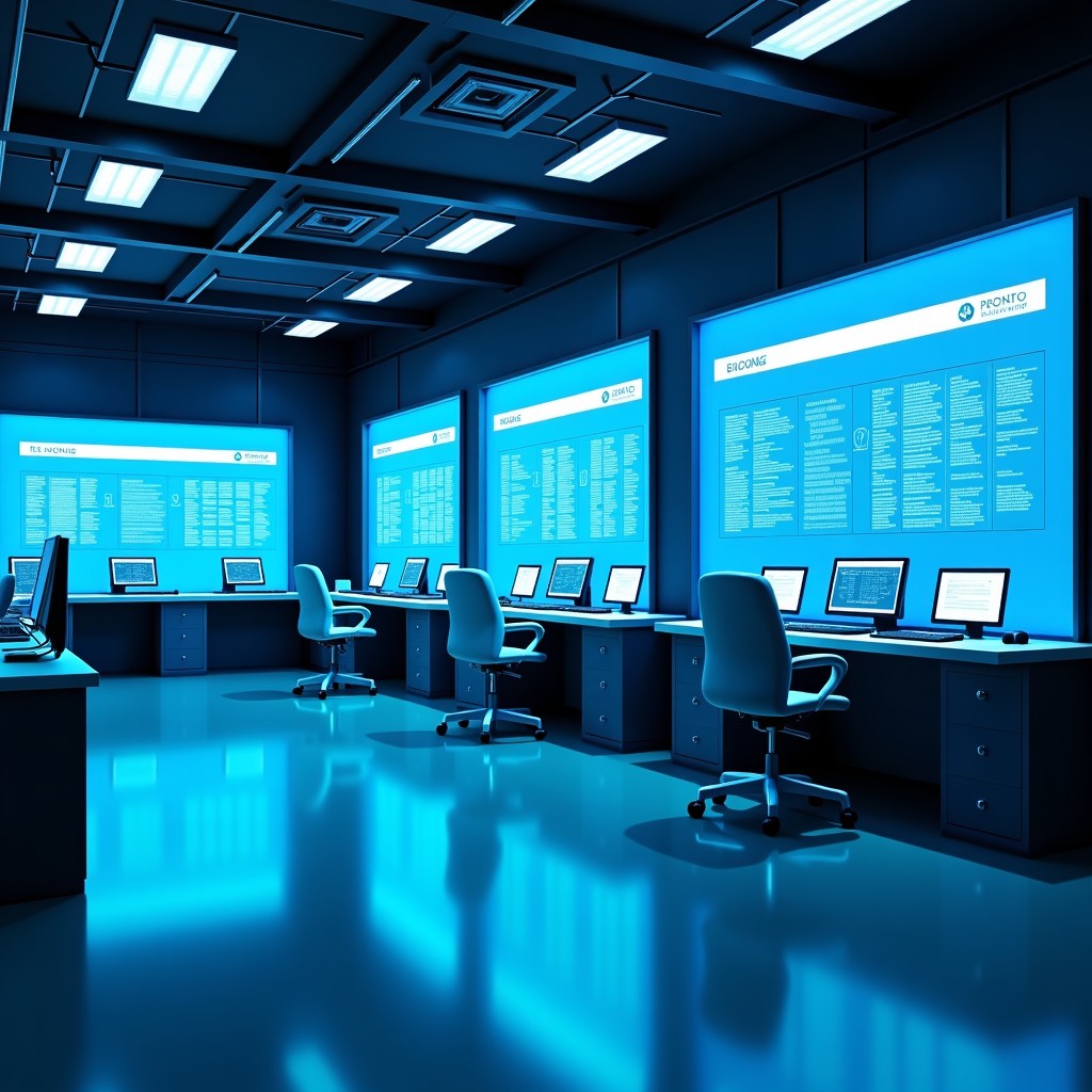 Modern scientific laboratory with AI interface screens, high technology, clean and professional, 4:3