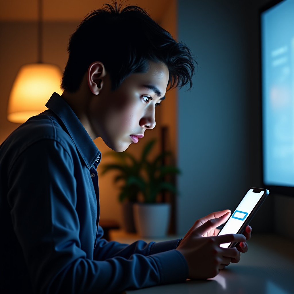 A person looking at a search bar on a smartphone screen with a pensive expression, high quality, realistic, cinematic lighting, 4:3
