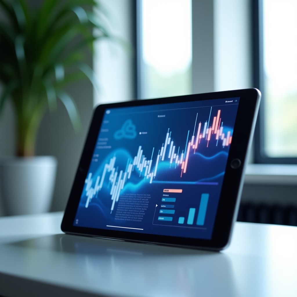 Modern digital tablet displaying abstract medical data, clean design, minimalist office background, 4:3