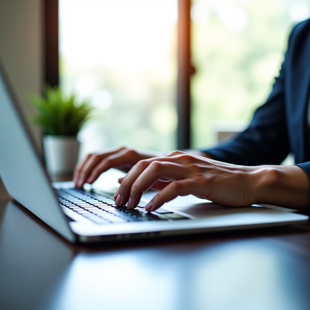 A person typing on a laptop keyboard in a bright, clean, professional environment, close-up shot, 4:3